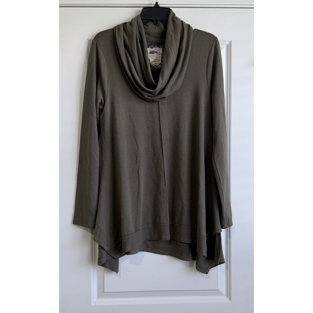Cupio Women's Long Sleeve Draped Cowl Neck Olive Green Tunic Top Size Large